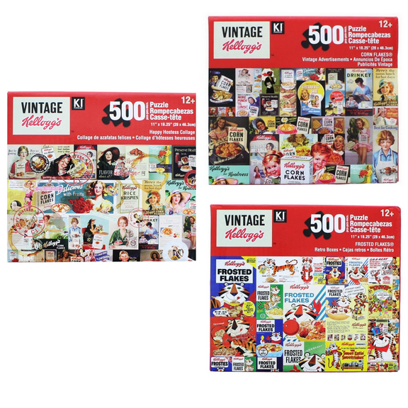 Kellogg's Cereal Vintage Advertising Collage 500 Piece Jigsaw Puzzles Set of 3 - Happy Hostess, Frosted and Corn for 12+ Fun Family Activity