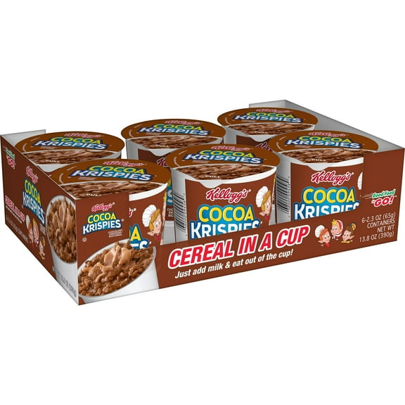 Kellogg's Cocoa Krispies Breakfast Cereal Cups, Kids Snacks, Family Breakfast, Chocolatey Flavor, 13.8oz Tray (6 Cups)