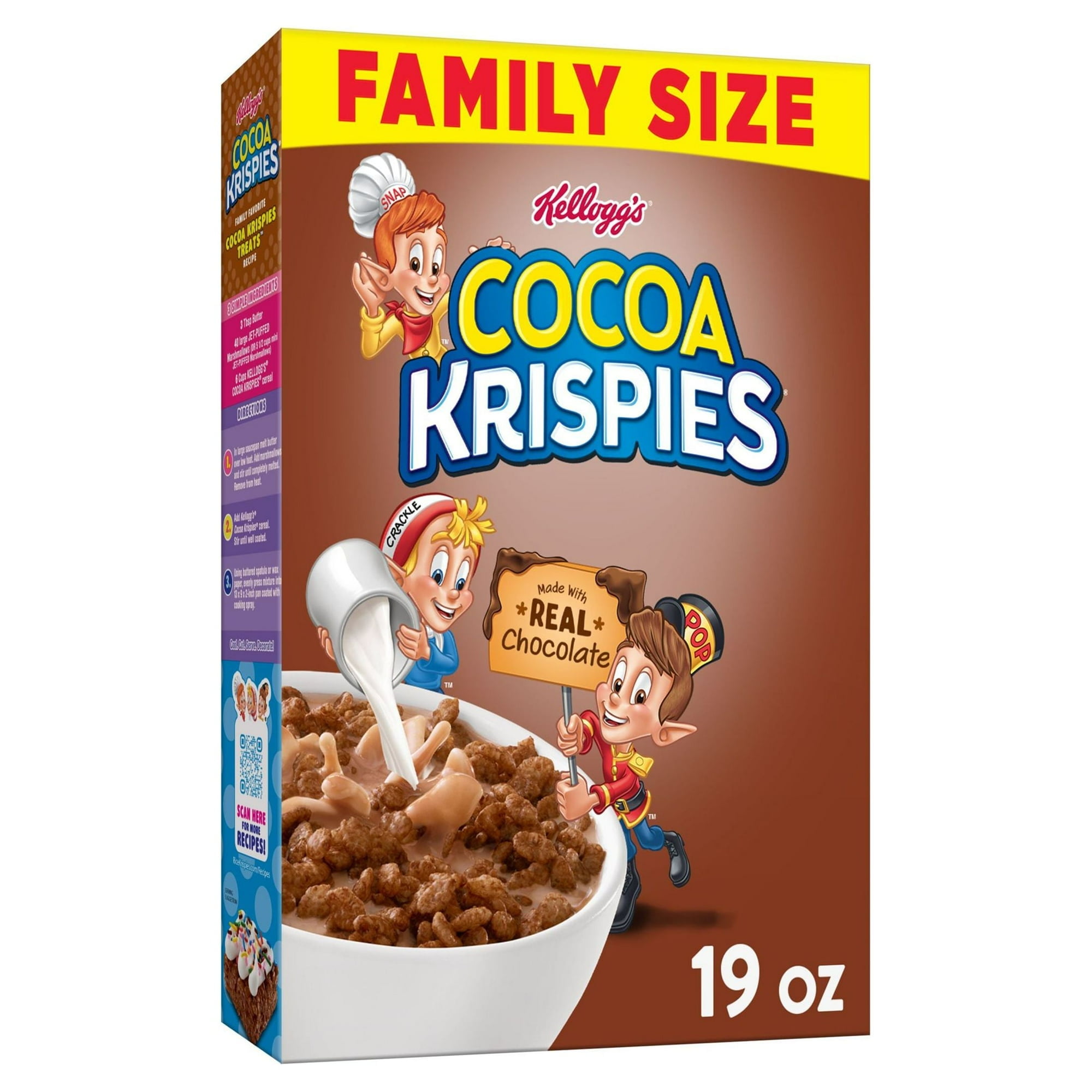 Kellogg's Cocoa Krispies Breakfast Cereal, Kids Snacks, Family Breakfast, Family Size, Chocolatey Flavor, 19oz (Pack 4)