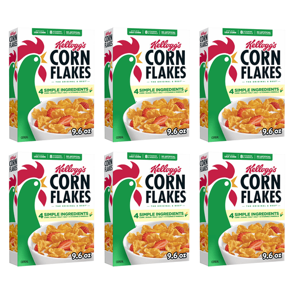 Kellogg's Corn Flakes Breakfast Cereal, 8 Vitamins and Minerals, Healthy Snacks, Original, 9.6oz (Pack 6)