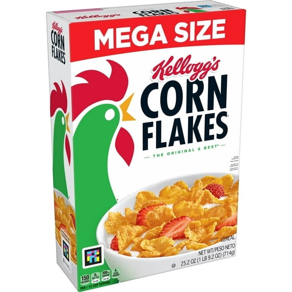 Kellogg's Corn Flakes Breakfast Cereal, 8 Vitamins and Minerals, Healthy Snacks, Original, Mega Size, 25.2oz Box (1 Box)pack of 2