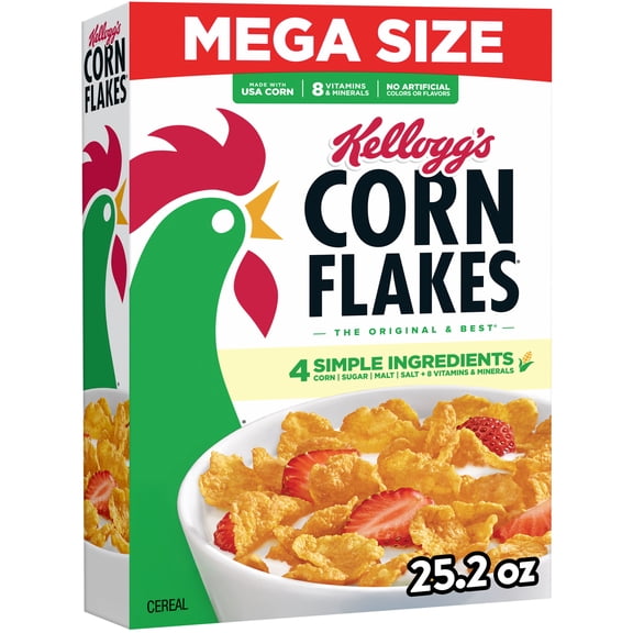 Kellogg's Corn Flakes Breakfast Cereal, 8 Vitamins and Minerals, Mega Size, 25.2 oz
