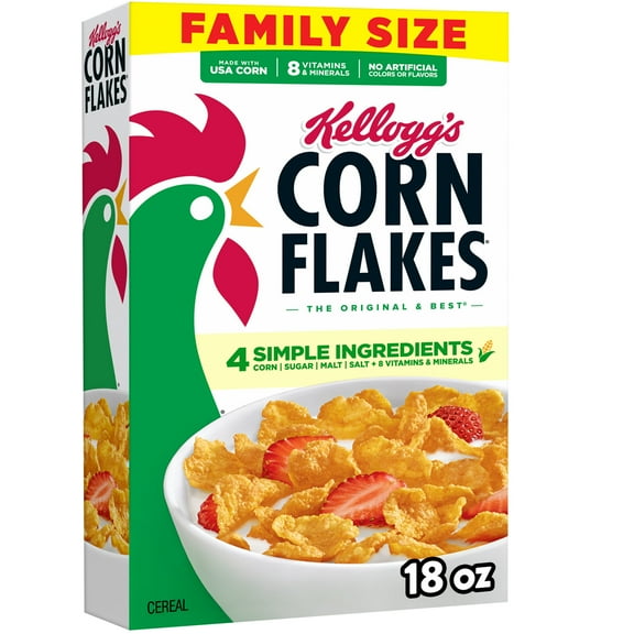 Kellogg's Corn Flakes Breakfast Cereal, 8 Vitamins and Minerals, Family Size, 18 oz