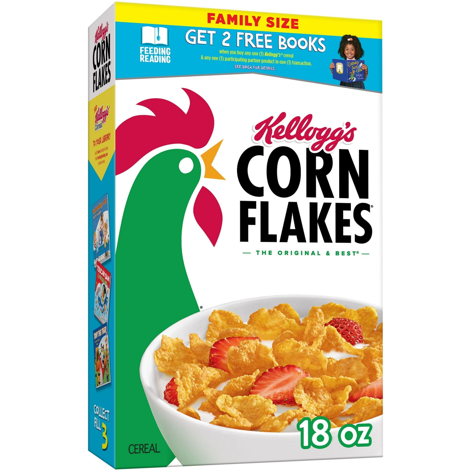 Kellogg's Corn Flakes Breakfast Cereal, Kids Cereal, Family Breakfast, Family Size, Original, 18oz (Pack 4)