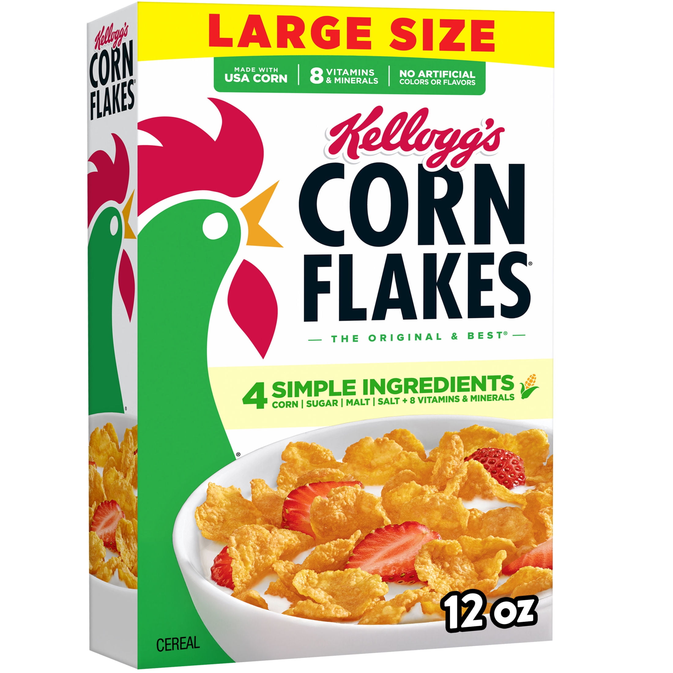 Kellogg's Corn Flakes Breakfast Cereal, 8 Vitamins and Minerals, Large Size, 12 oz