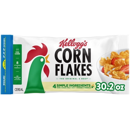 Kellogg's Corn Flakes Breakfast Cereal, 8 Vitamins and Minerals, 30.2 oz Bag