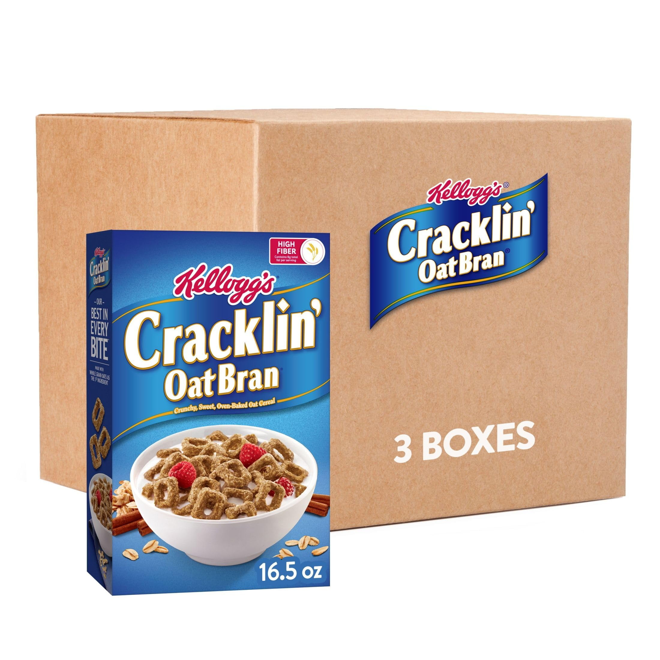 Kellogg's Cracklin' Oat Bran Breakfast Cereal, Fiber Cereal, Family Cereal, Original (3 Boxes