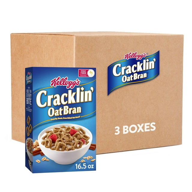 Kellogg's Cracklin' Oat Bran Breakfast Cereal, Fiber Cereal, Family Cereal, Original (3 Boxes