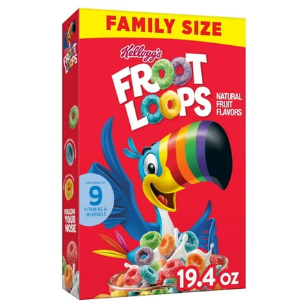 Kellogg's Froot Loops Breakfast Cereal, Fruit Flavored, Snacks with Vitamin C, Family Size, Original, 19.4oz Box (1 Box)
