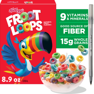 Kellogg's Froot Loops Breakfast Cereal, Good Source of Fiber, 15g Whole Grains with pan