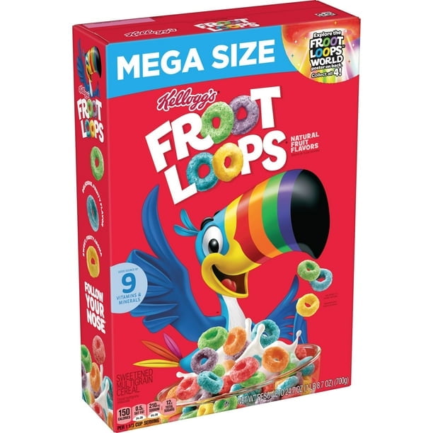 Kellogg's Froot Loops Breakfast Cereal, Kids Cereal, Family Breakfast, Mega Size, Original, 24.7oz Box (1 Box)-2Pack