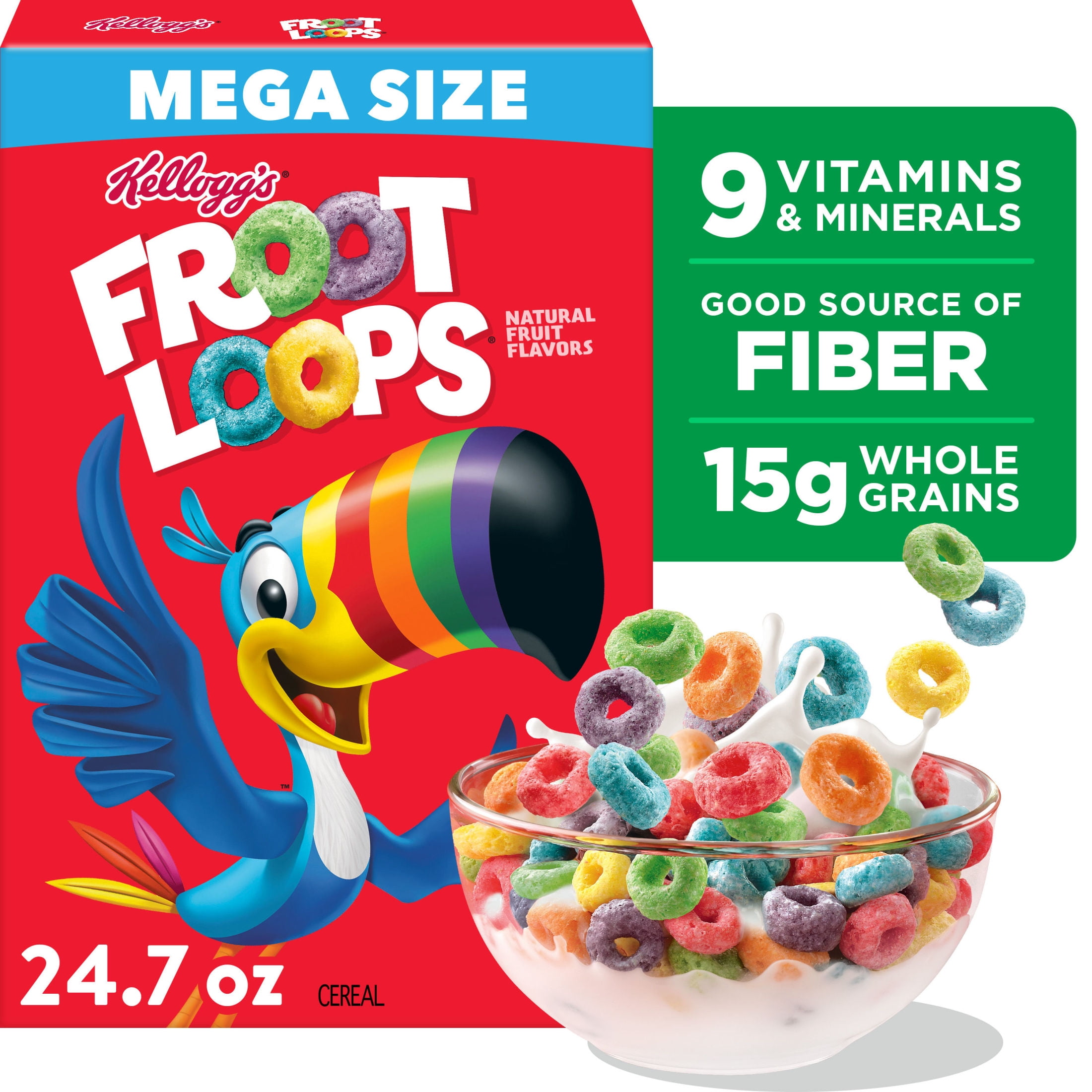 Kelloggs Froot Loops Breakfast Cereal, Good Source of Fiber, 15g Whole Grain, Mega Size, 24.7 oz