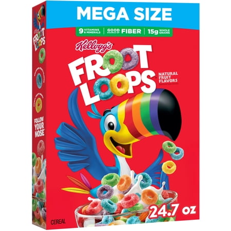 Kellogg's Froot Loops Breakfast Cereal, Good Source of Fiber, 15g Whole Grains, Mega Size, 24.7 oz