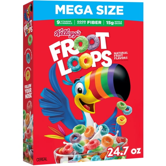 Kellogg's Froot Loops Breakfast Cereal, Good Source of Fiber, 15g Whole Grains, Mega Size, 24.7 oz