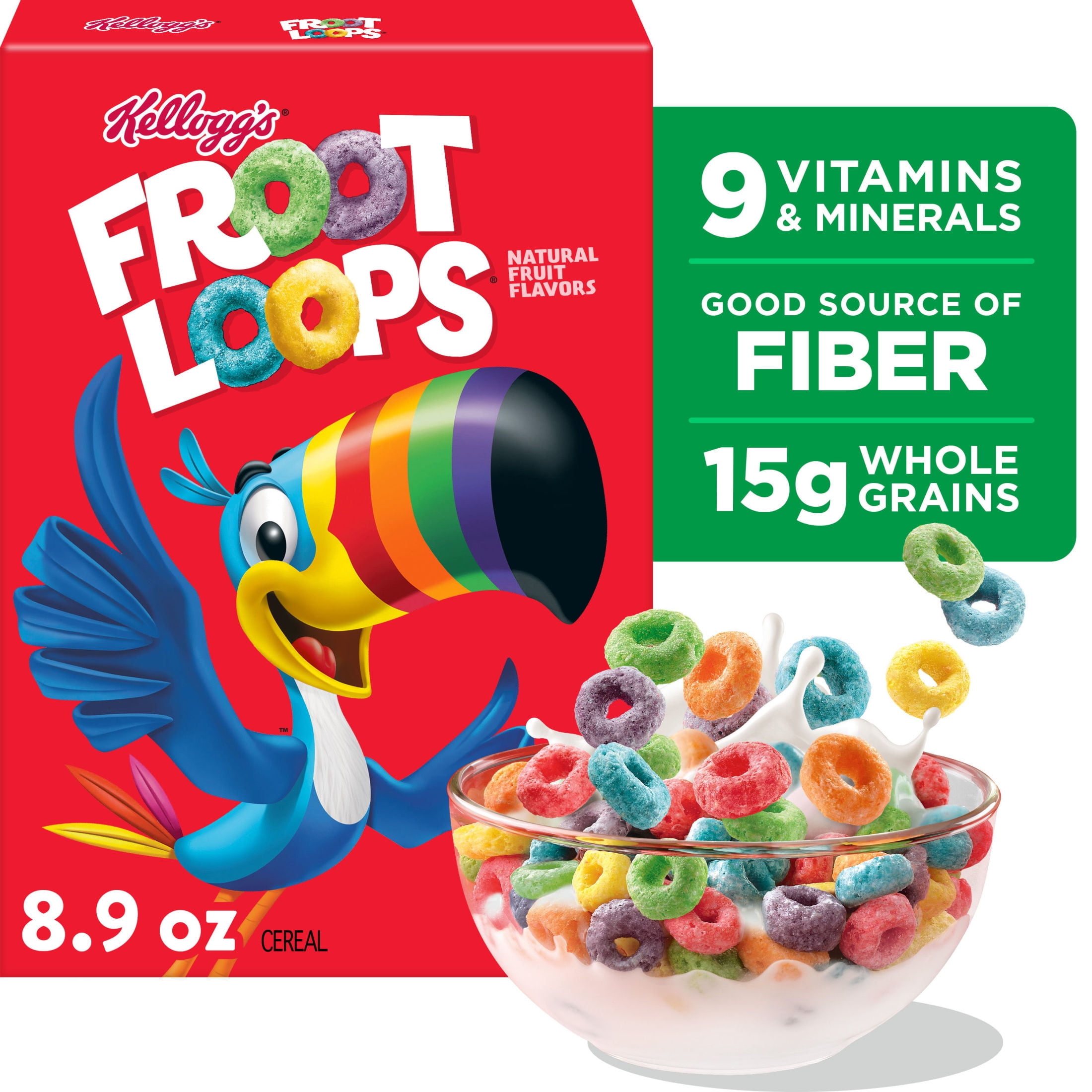 Kellogg's Froot Loops Breakfast Cereal, Good Source of Fiber, 15g Whole Grains, 8.9 oz