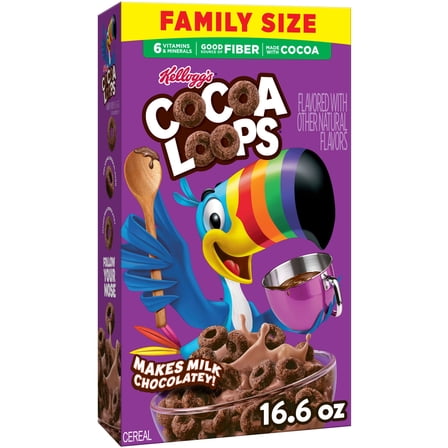 Kellogg's Cocoa Loops Breakfast Cereal, Good Source of Fiber, Made with Cocoa, Family Size, 16.6oz Box (1 Box)