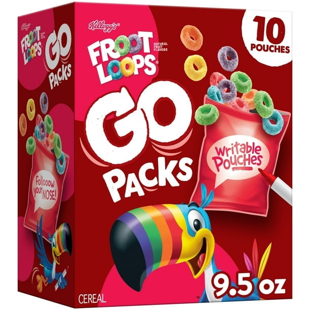 Kellogg's Froot Loops Go Packs Cereal, Kids Snacks, Lunch Snacks, Original, 9.5oz Box (10 Pouches)-2Pack