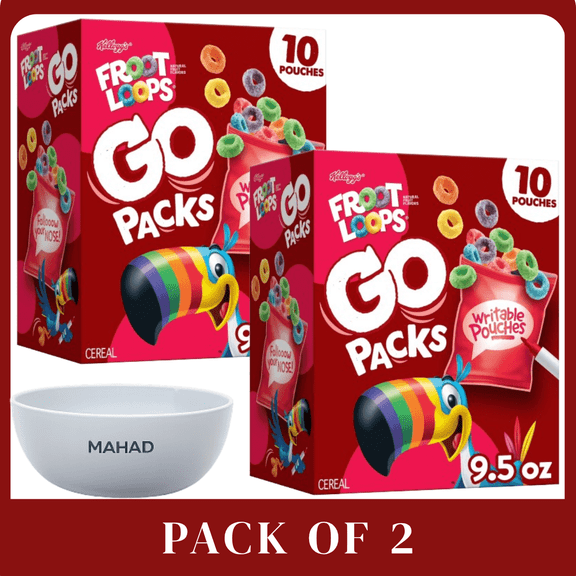 Kellogg's Froot Loops Go Packs Original Cereal Box, 9.5 oz, 10 Count-2 pack-with Bowel by Mahad