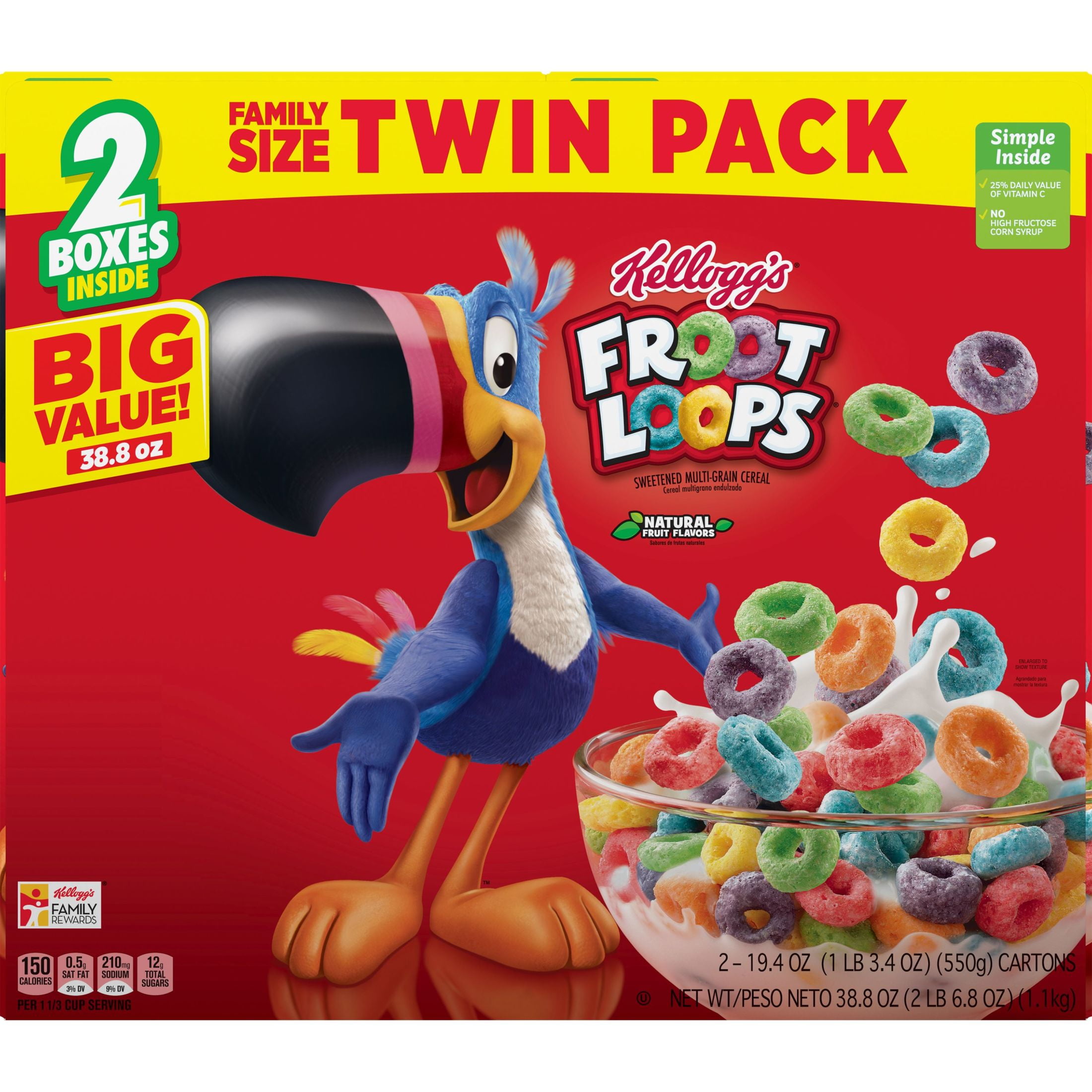  Kellogg's Froot Loops Breakfast Cereal, Fruit Flavored,  Breakfast Snacks with Vitamin C, Family Size, Original, 19.4oz Box (1 Box)
