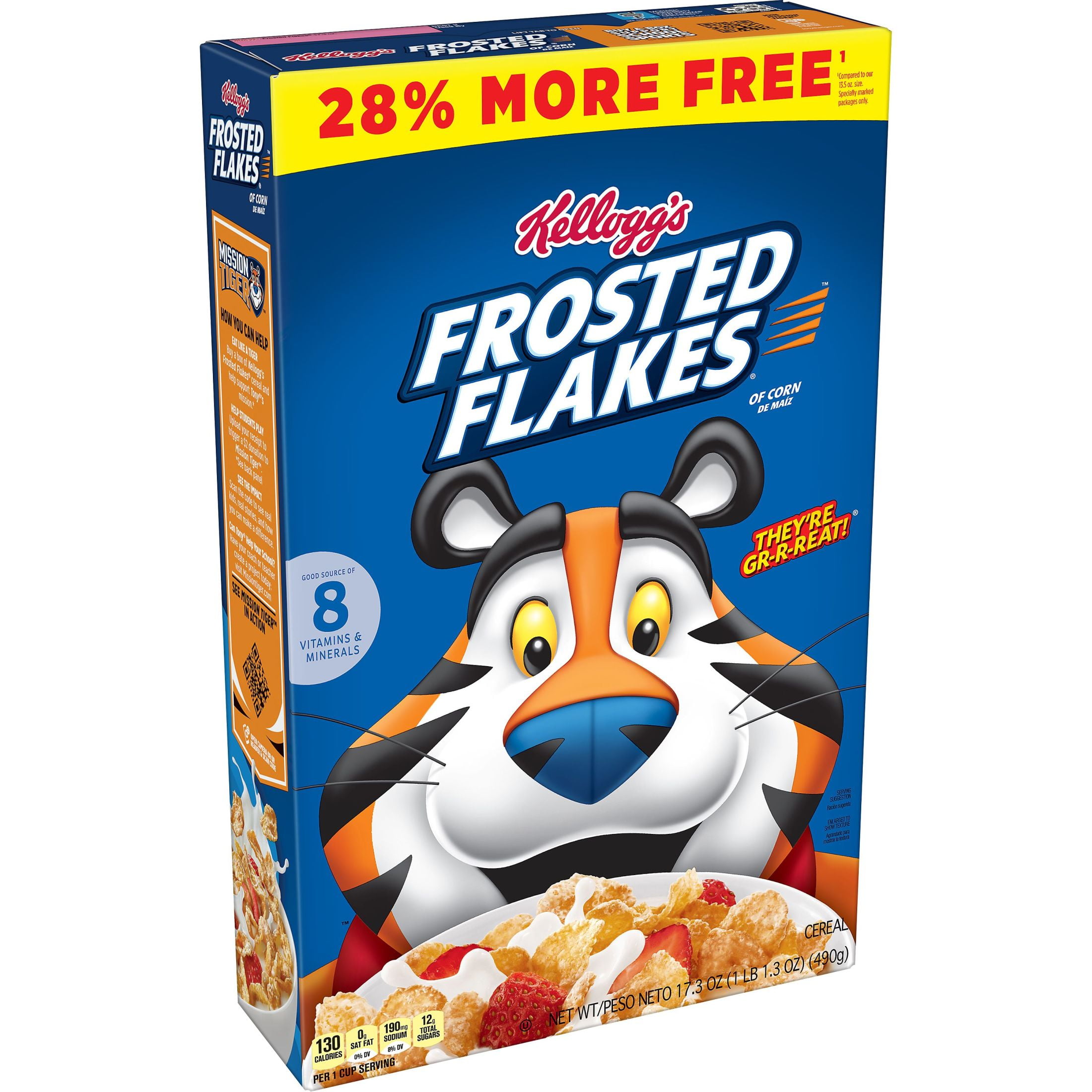 Kellogg's Frosted Flakes Breakfast Cereal, Kids Cereal, Family Breakfast, 28% More Free, Original, 17.3oz Box (1 Box)​