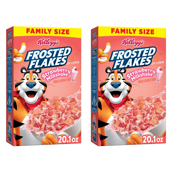 Kellogg's Frosted Flakes Breakfast Cereal, Kids Cereal, Family Breakfast, Family Size, Strawberry Milkshake, 20.1oz (Pack 2)