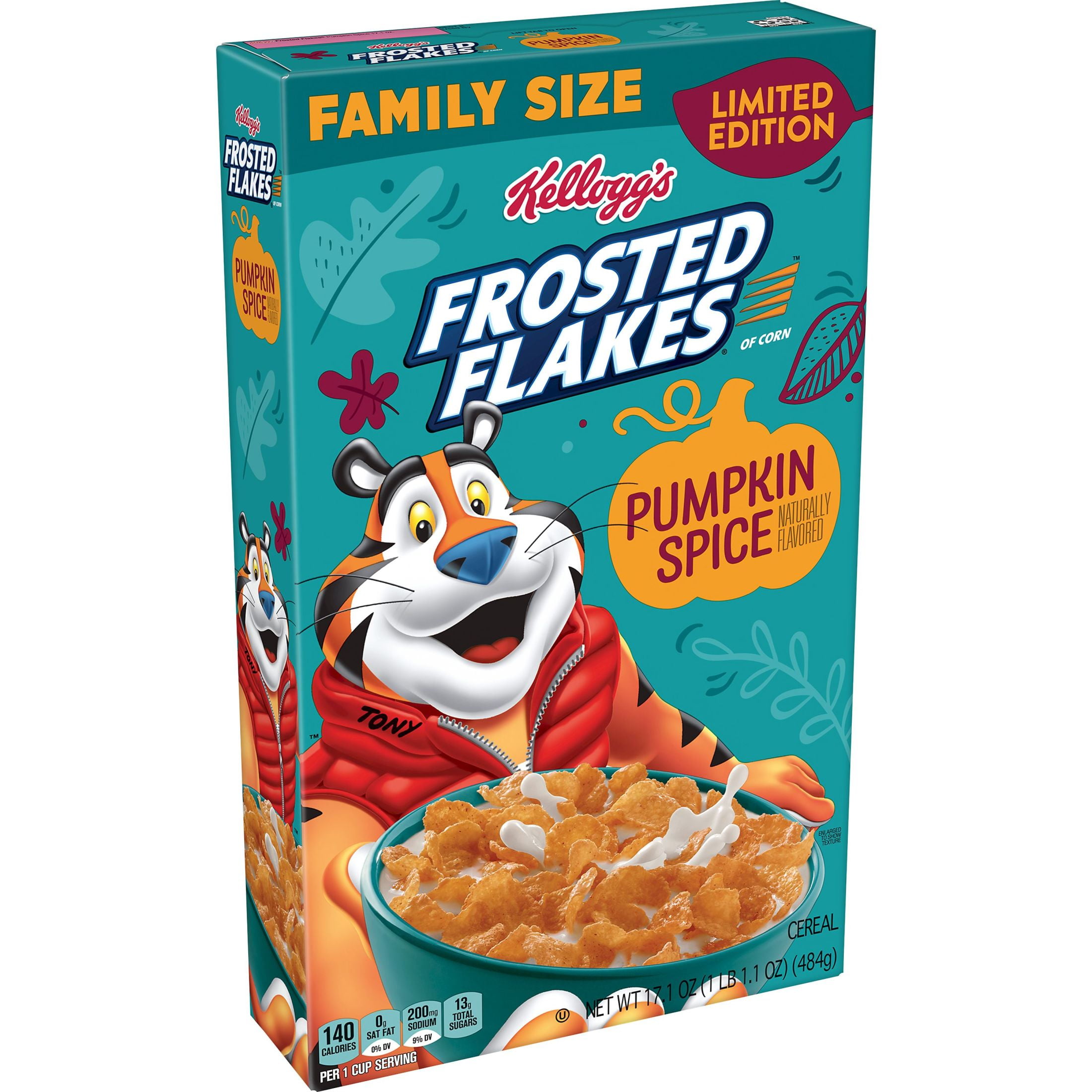 Kellogg's Frosted Flakes Cold Breakfast Cereal, 7 Vitamins and Minerals, Limited Edition, Family Size, Pumpkin Spice, 17.1oz Box (1 Box)