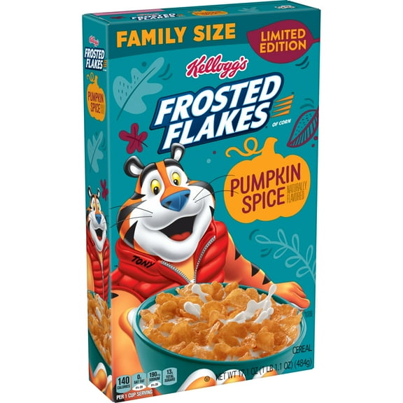 Kellogg's Frosted Flakes Cold Breakfast Cereal, 7 Vitamins and Minerals, Limited Edition, Family Size, Pumpkin Spice, 17.1oz Box (1 Box)