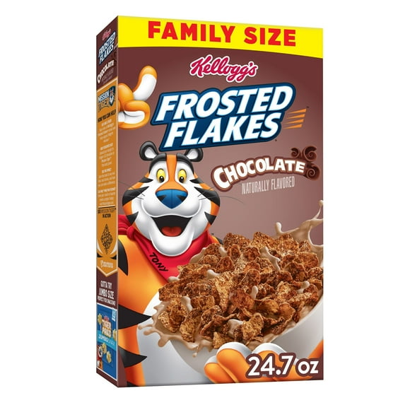 Kellogg's Frosted Flakes Cold Breakfast Cereal, 8 Vitamins and Minerals, Kids Snacks, Family Size, Chocolate, 24.7oz Box (1 Box)