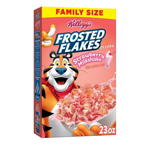 Kellogg's Frosted Flakes Cold Breakfast Cereal, 8 Vitamins and Minerals, Kids Snacks, Family Size, Strawberry Milkshake, 23oz Box (1 Box)
