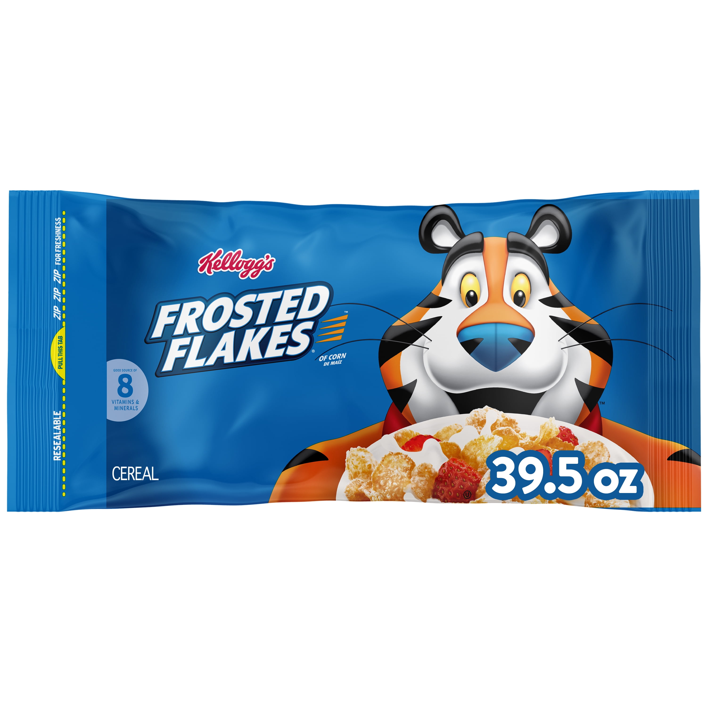 Kellogg's Frosted Flakes Cold Breakfast Cereal, 8 Vitamins and Minerals, Kids Snacks, Original, 39.5oz Bag (1 Bag)