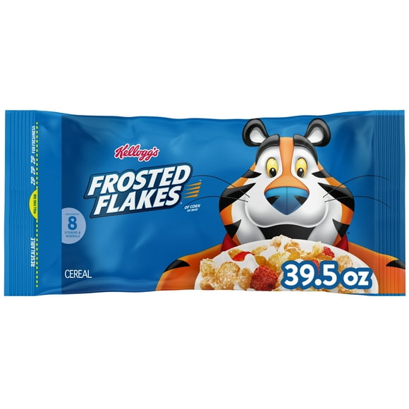 Kellogg's Frosted Flakes Cold Breakfast Cereal, 8 Vitamins and Minerals, Kids Snacks, Original, 39.5oz Bag (1 Bag)