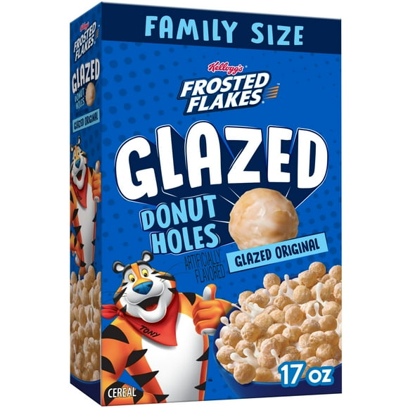 Kellogg's Frosted Flakes Glazed Donut Holes Breakfast Cereal, Kids Cereal, Family Breakfast, Family Size, Original, 17oz Box