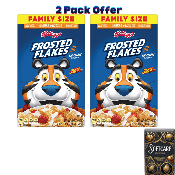 Kellogg's Frosted Flakes Original Breakfast Cereal, Fat Free, Family Size, 21.7 oz ( Include One Tissue Pack )