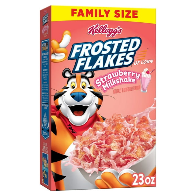 Kellogg's Frosted Flakes Strawberry Milkshake Cold Breakfast Cereal, Family Size, 23 oz Box