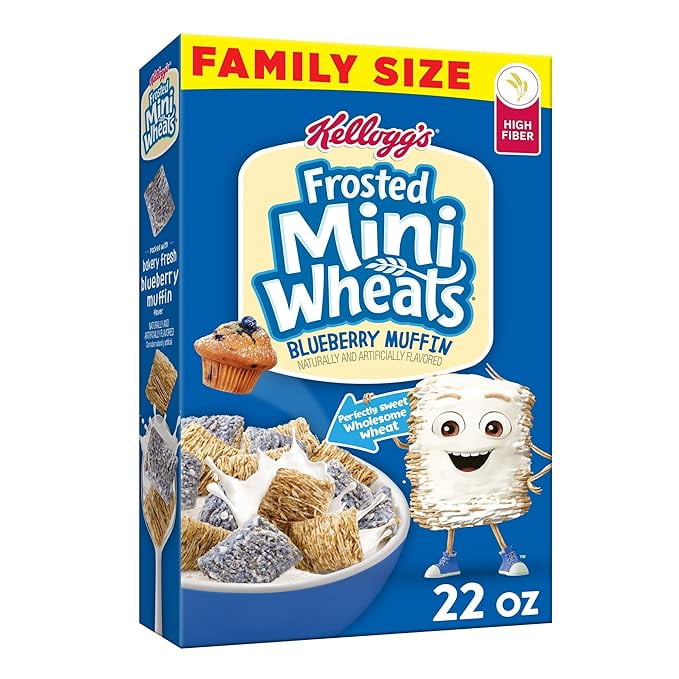 Kellogg's Frosted Mini-Wheats, Breakfast Cereal, Blueberry, Excellent Source of Fiber, Family Pack, 22oz Box