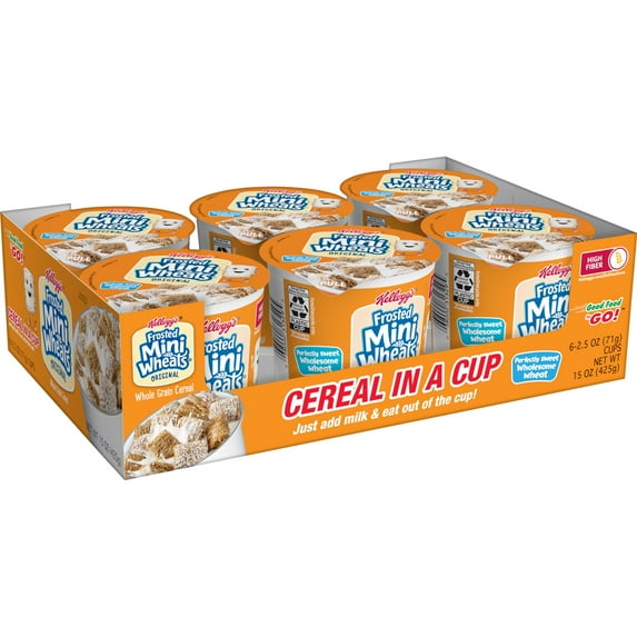Kellogg's Frosted Mini-Wheats Breakfast Cereal Cups, High Fiber Cereal, Kids Snacks, Original, 15oz Tray (6 Cups)