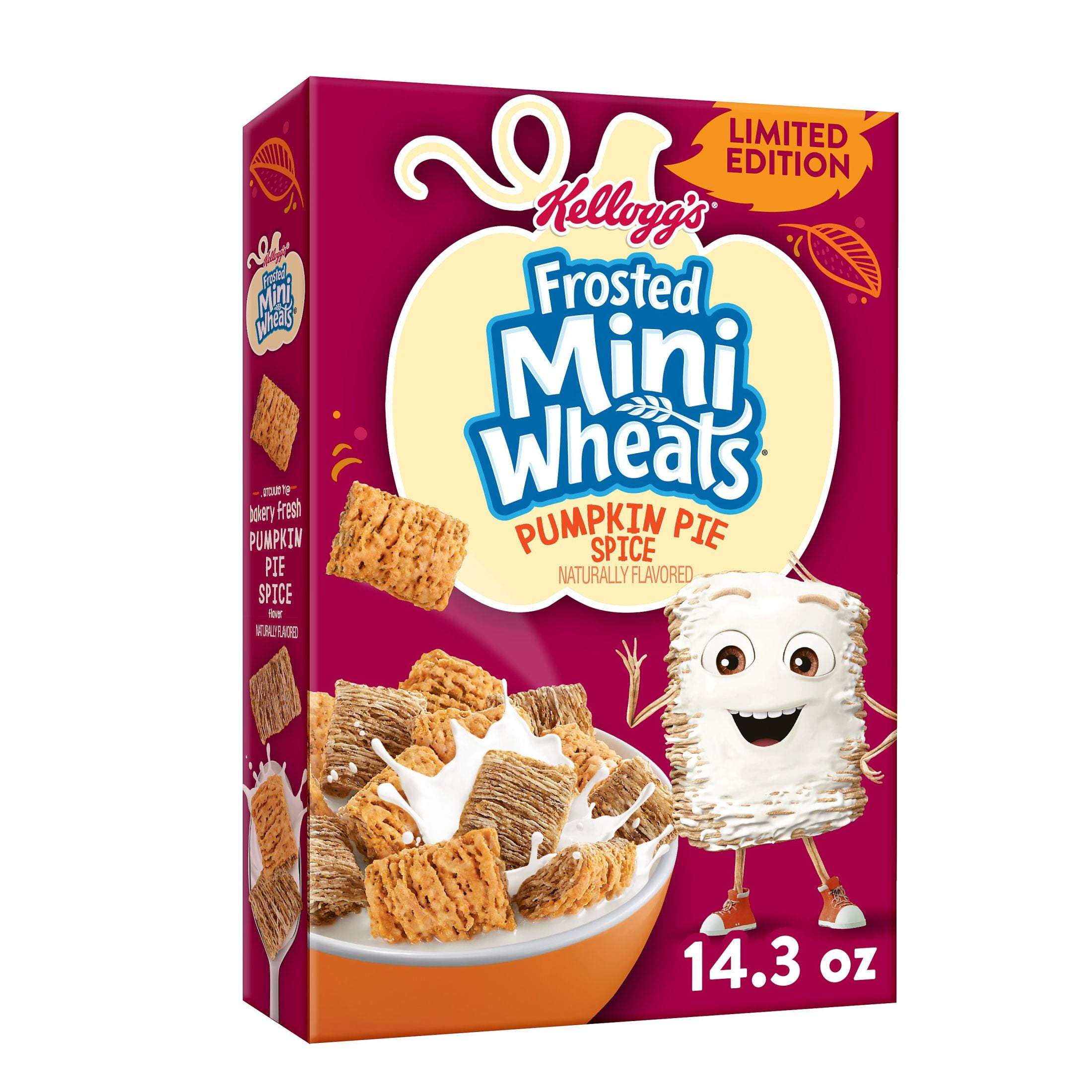 Kellogg's Frosted Mini Wheats Breakfast Cereal, Fiber Cereal, Kids Snacks, Pumpkin Pie Spice, 14.3oz Box (1 Box)