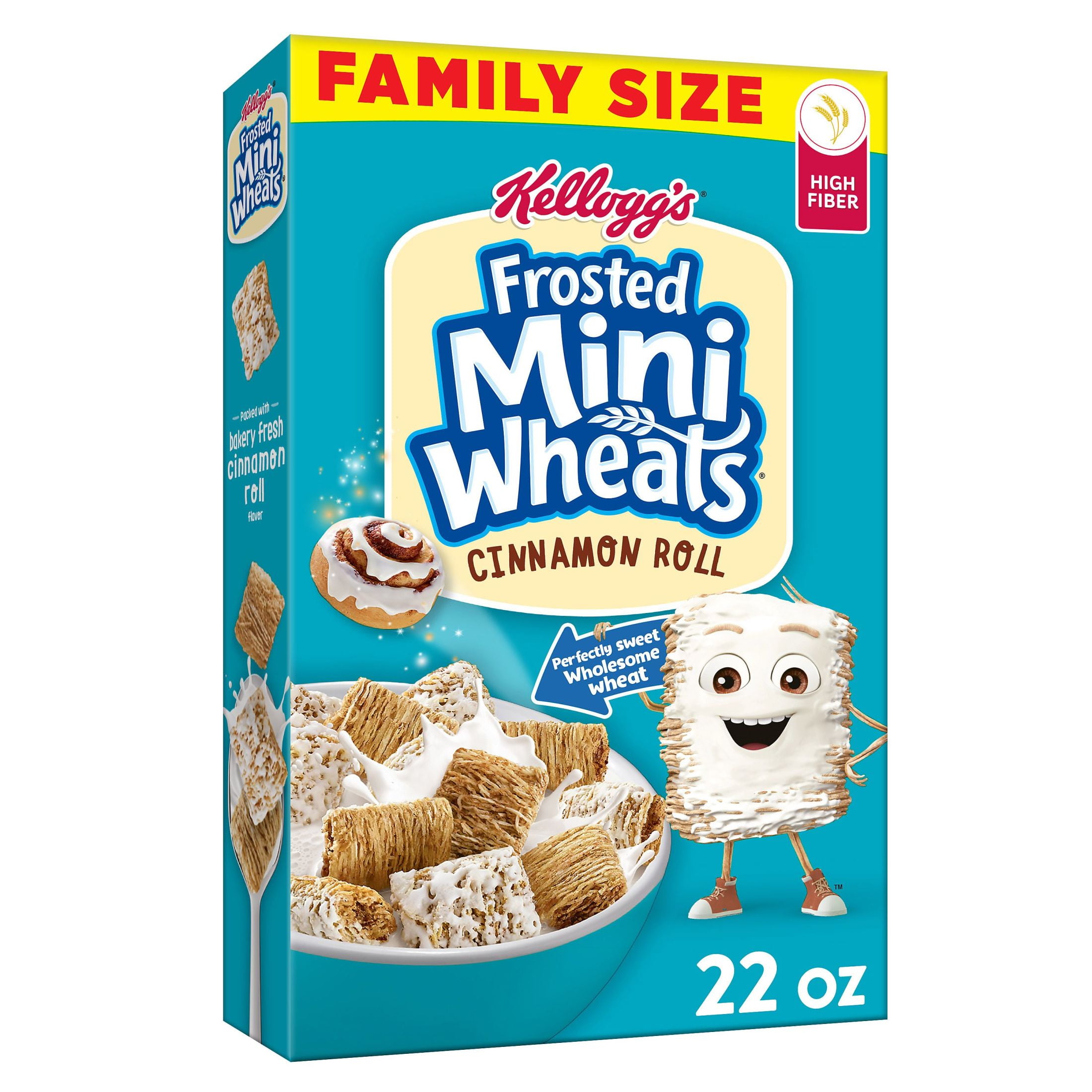 Kellogg's Frosted Mini-Wheats Cold Breakfast Cereal, Fiber Cereal, Whole Grain, Family Size, Cinnamon Roll, 22oz Box (1 Box)