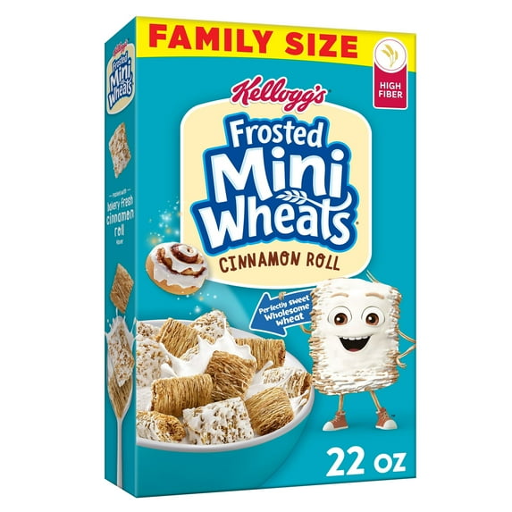 Kellogg's Frosted Mini-Wheats Cold Breakfast Cereal, Fiber Cereal, Whole Grain, Family Size, Cinnamon Roll, 22oz Box (1 Box)