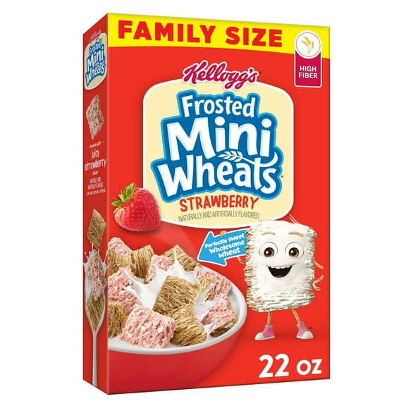 Kellogg's Frosted Mini-Wheats Cold Breakfast Cereal, High-Fiber, Whole Grain, Family Size, Strawberry, 22oz Box (1 Box)