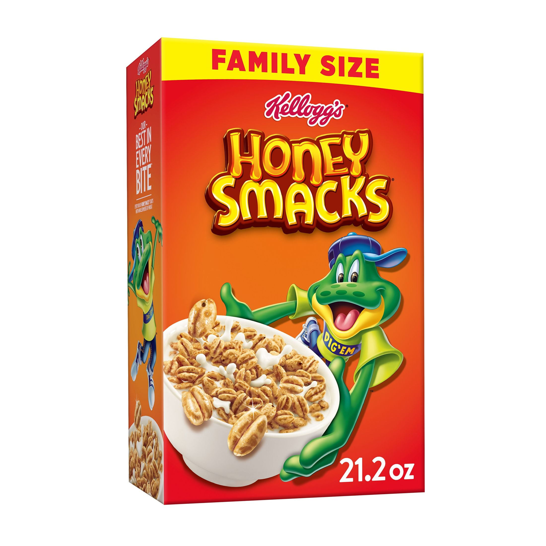 Kellogg's Honey Smacks Cold Breakfast Cereal, Made with Whole Grain, Kids Snacks, Family Size, Original, 21.2oz Box (1 Box)