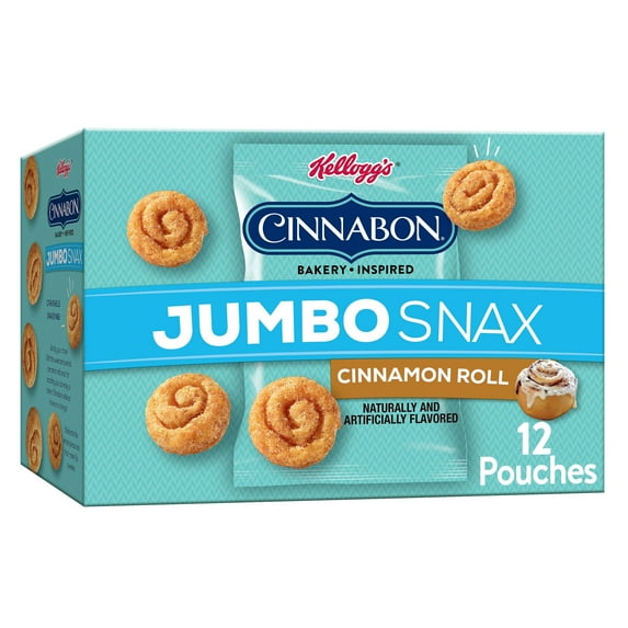 Kellogg's Jumbo Snax Cinnabon Cereal Snacks, Bakery Inspired, Cinnamon Roll, 5.04oz Box (12 Bags)