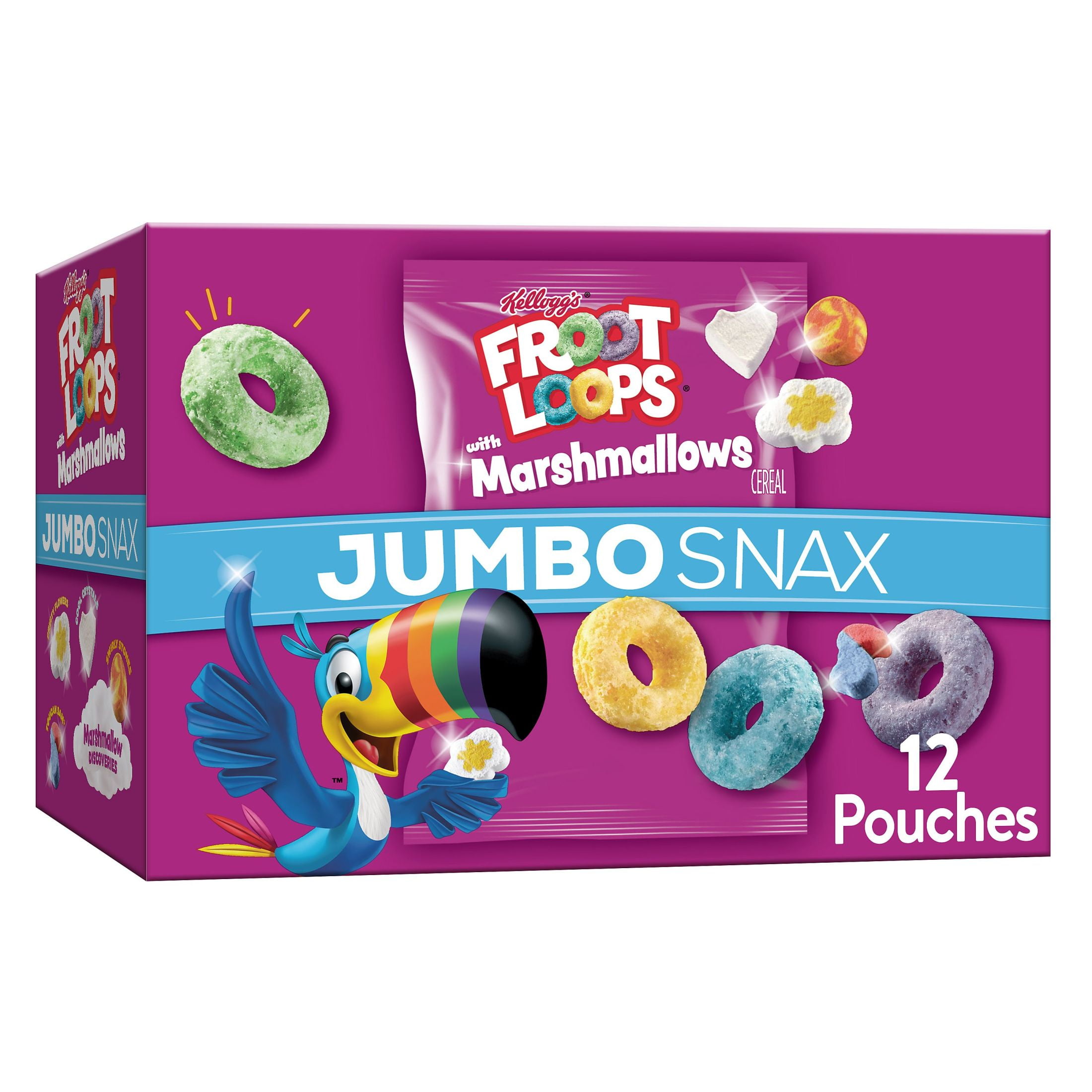 Kellogg's Jumbo Snax Froot Loops Cereal Snacks, Lunch Box Snacks, Fruit Flavored, Original with Marshmallows, 5.04oz Box (12 Packs)