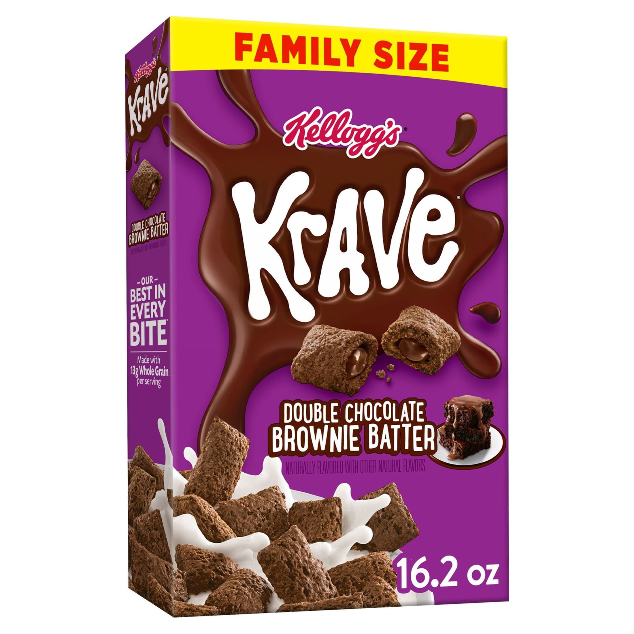 Kellogg's Krave Breakfast Cereal, 7 Vitamins and Minerals, Kids Snacks, Family Size, Brownie Batter, 16.2oz Box (1 Box)