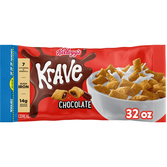 Kellogg's Krave Breakfast Cereal, Kids Cereal, Family Breakfast, Chocolate, 32oz ( 2 BAGS )