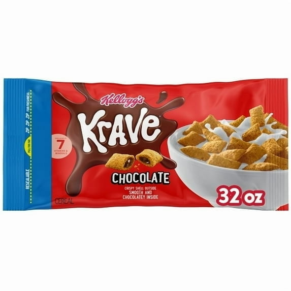 Kellogg's Krave Breakfast Cereal, Kids Cereal, Family Breakfast, Chocolate, 32oz Bag - 2 Pack