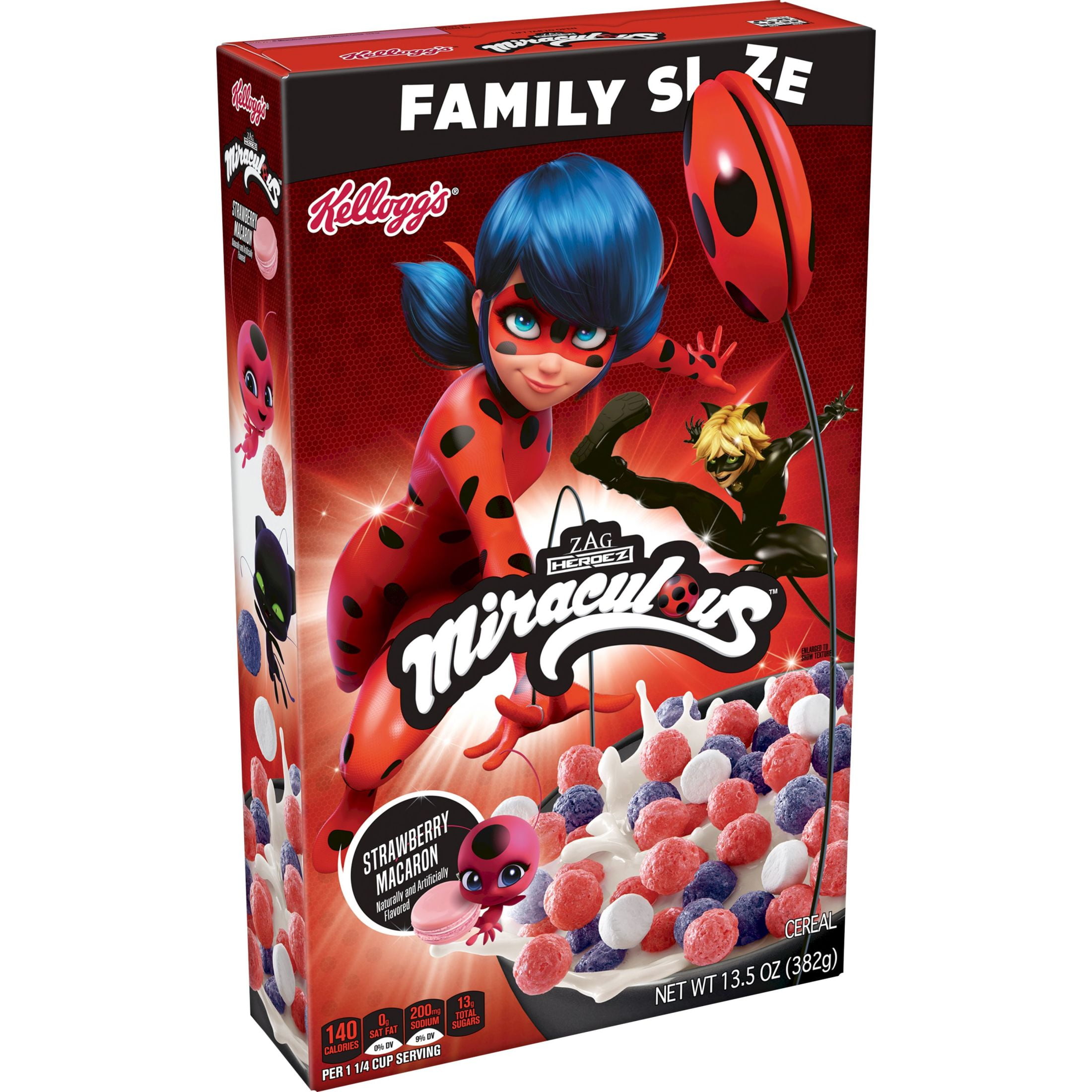 Kellogg's Miraculous Tales of Ladybug and Cat Noir Cold Breakfast Cereal, Kids Snacks, Family Size, Strawberry Macaron, 13.5oz Box (1 Box)