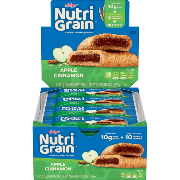 Kellogg's Nutri-Grain Apple Cinnamon Chewy Soft Baked Breakfast Bars, Made with Whole Grains, 20.8 oz, 16 Count