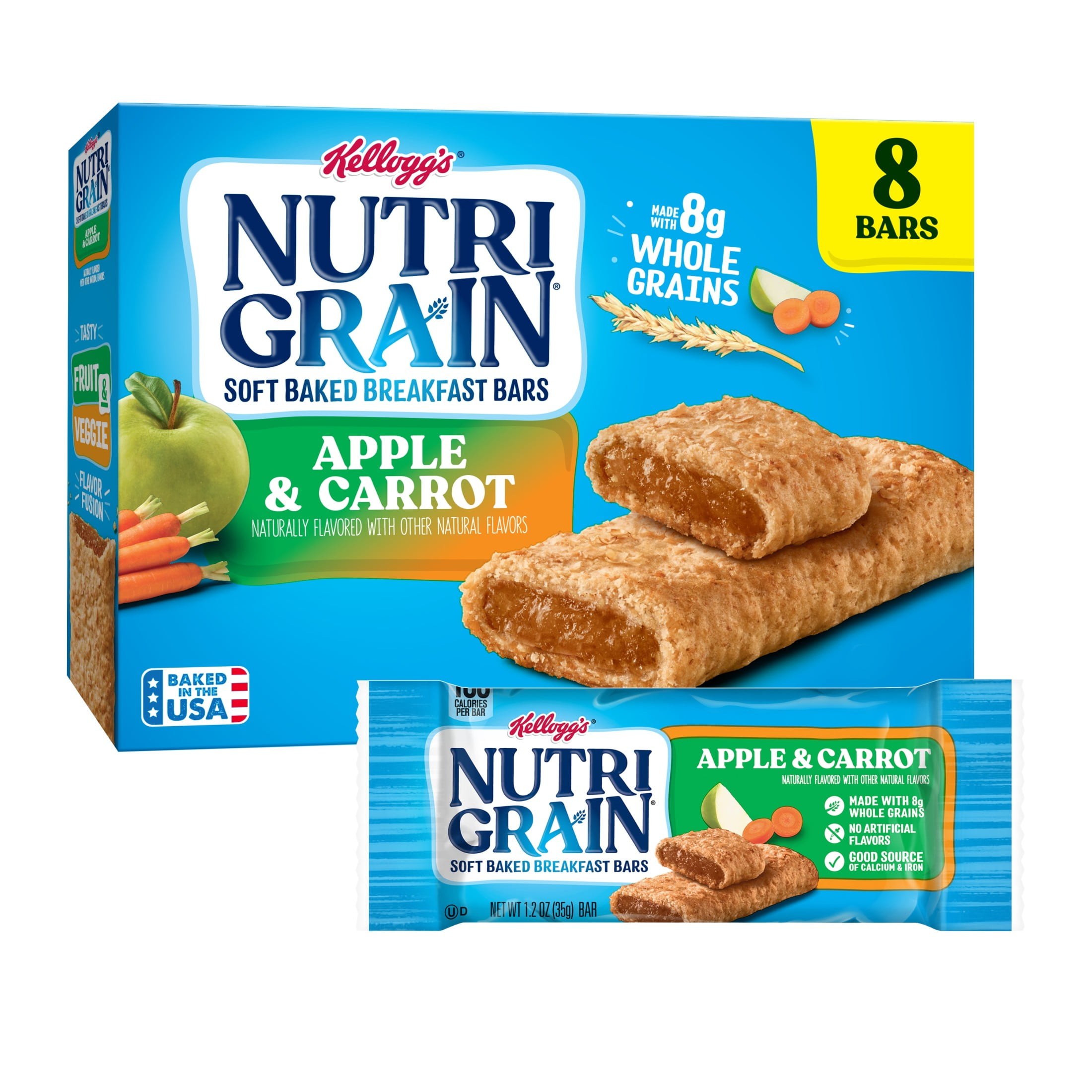Kellogg's Nutri-Grain Apple and Carrot Chewy Soft Baked Breakfast Bars, Kids Snacks, 9.8 oz, 8 Count
