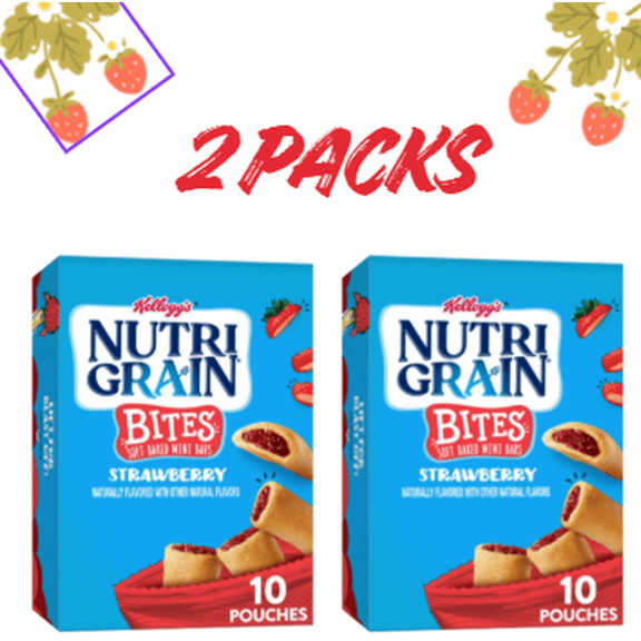 Kelloggs Nutri-Grain Bites Strawberry Chewy Soft Baked Mini Breakfast Bars, Kids Snacks, 13 oz, 10 Count (2 Packs)